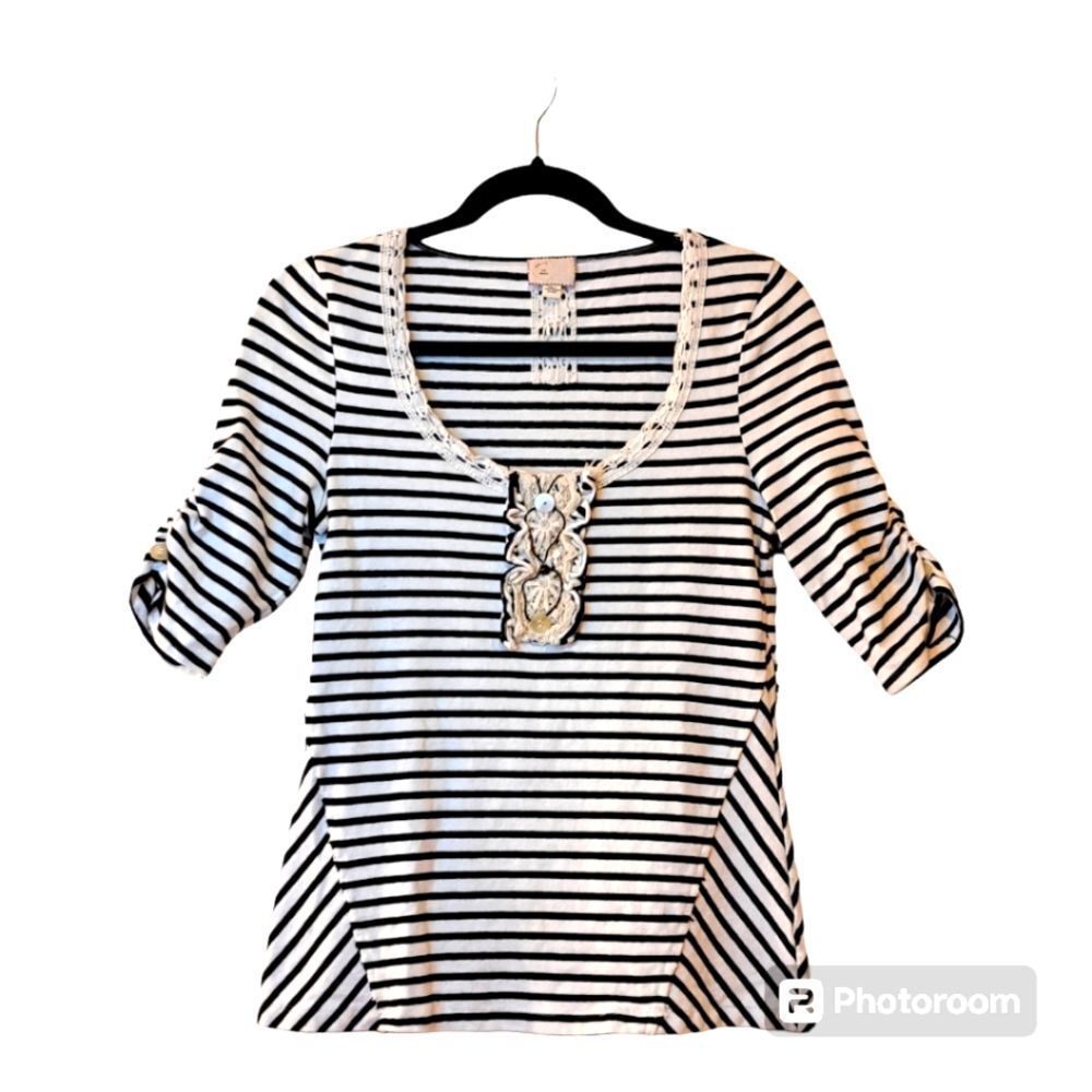 Anthropologie Nautical Preppy Women's Black-White Stripe Knit Shirt Top S